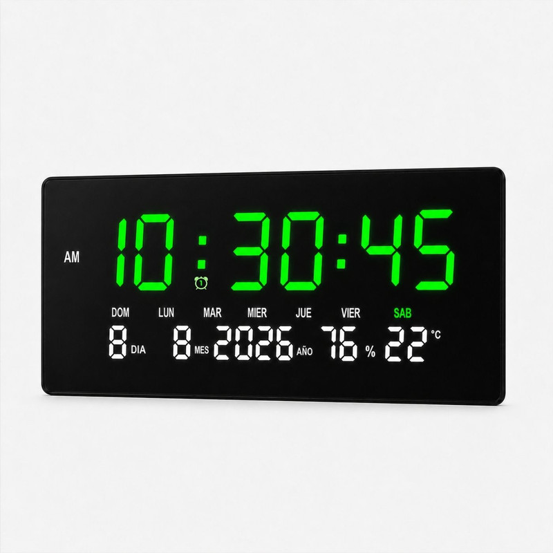 RELOJ DIGITAL GRANDE CON FECHA, TEMPERATURA Y HUMEDAD PARED VERDE - 1