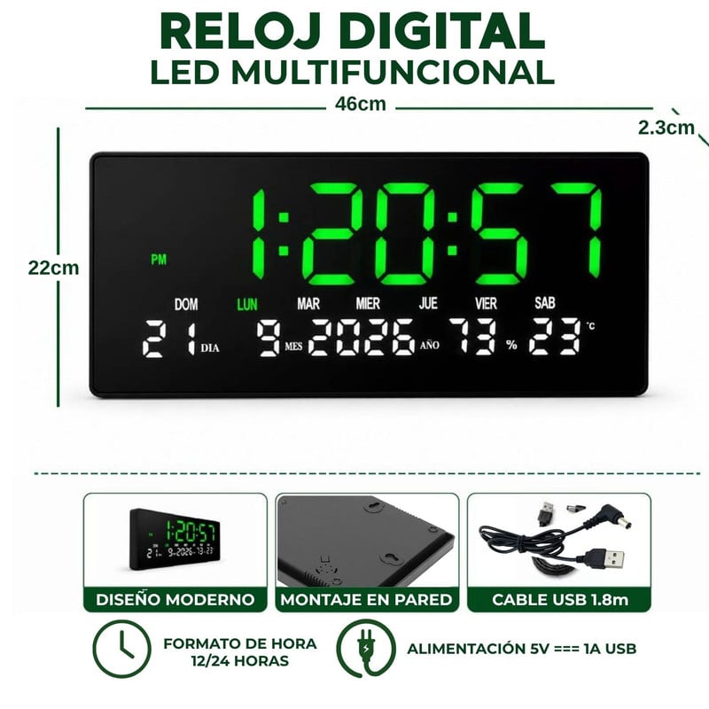 RELOJ DIGITAL GRANDE CON FECHA, TEMPERATURA Y HUMEDAD PARED VERDE - 2