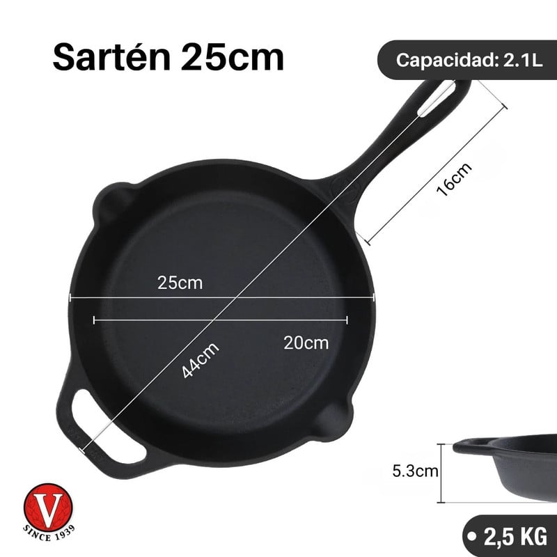 SARTÉN HIERRO FUNDIDO VICTORIA 25CM CURADO DOBLE ASA - 3