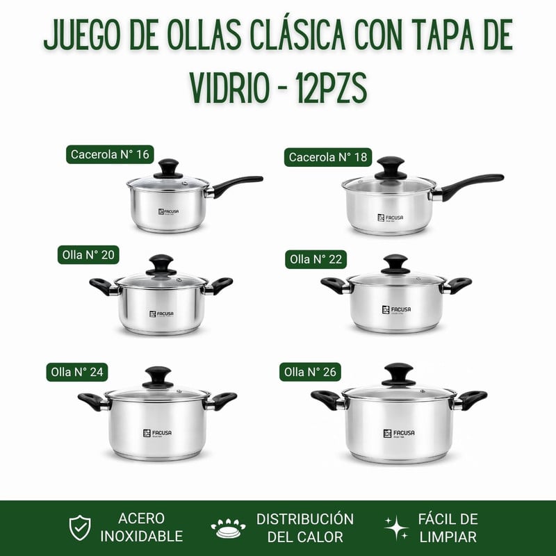 JUEGO DE OLLAS FACUSA 12PZS ACERO INOXIDABLE - 2