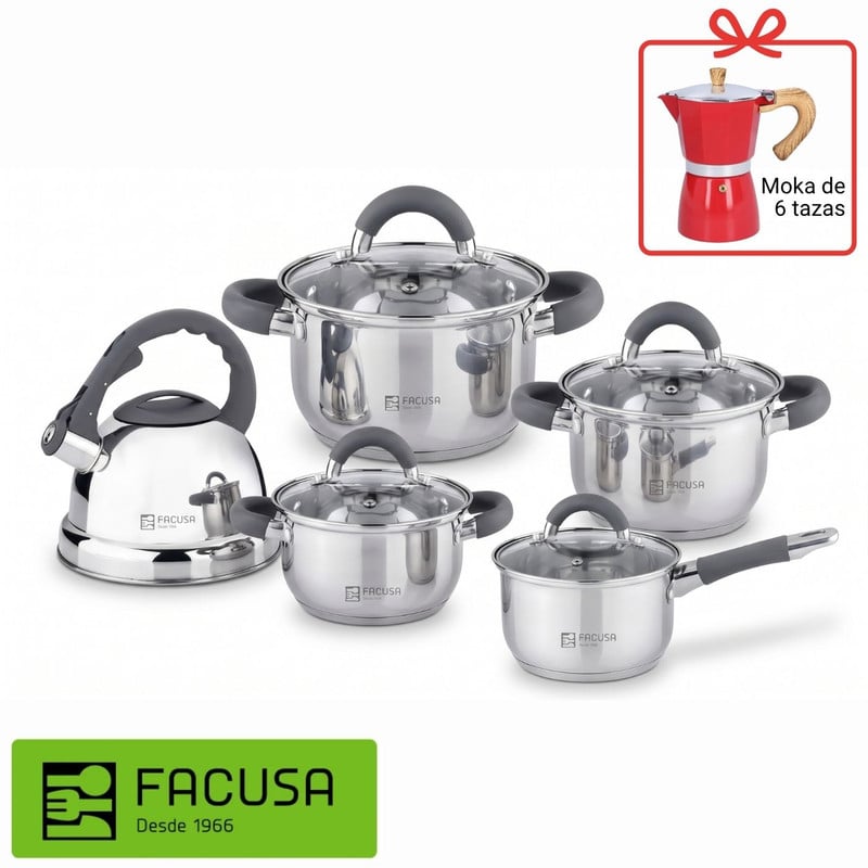 JUEGO DE OLLAS MINERVA 10 PIEZAS CON TETERA FACUSA + CAFETERA MOKA - 1