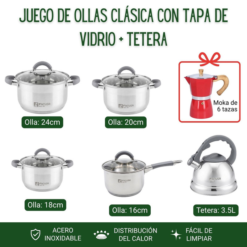 JUEGO DE OLLAS MINERVA 10 PIEZAS CON TETERA FACUSA + CAFETERA MOKA - 2