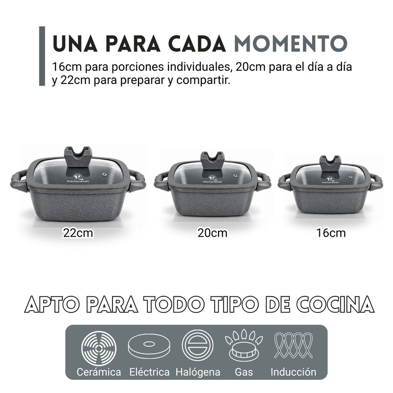 JUEGO DE OLLAS ANTIADHERENTE N° 16, 20 Y 22CM KITCHENHOFF C-1213 GRIS - 4