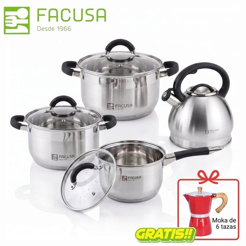 JUEGO DE OLLAS MISTI FACUSA 8 PIEZAS CON TETERA - NEGRO + CAFETERA MOKA - 1
