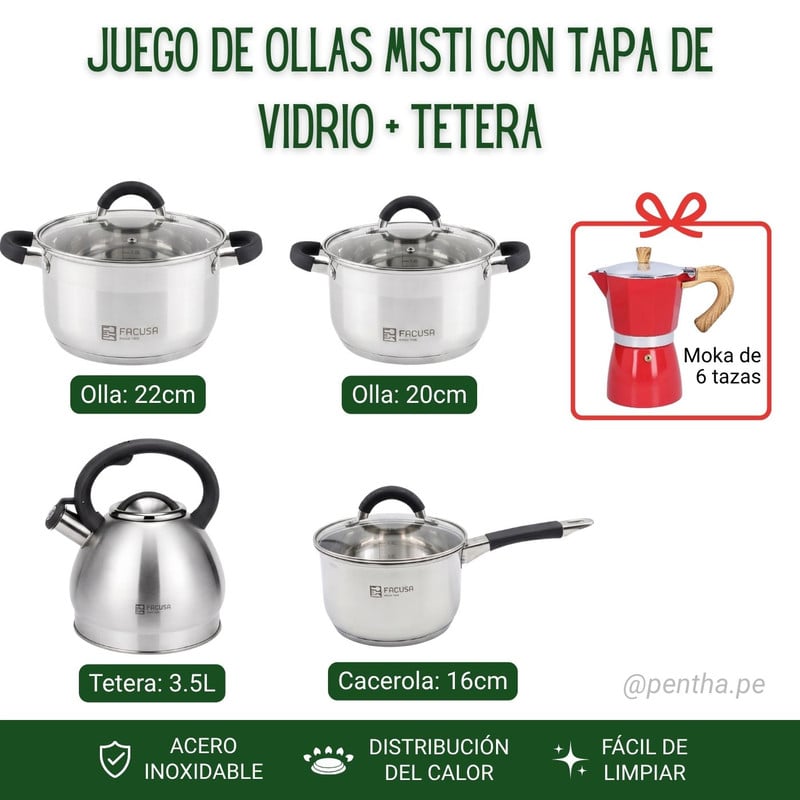 JUEGO DE OLLAS MISTI FACUSA 8 PIEZAS CON TETERA - NEGRO + CAFETERA MOKA - 2