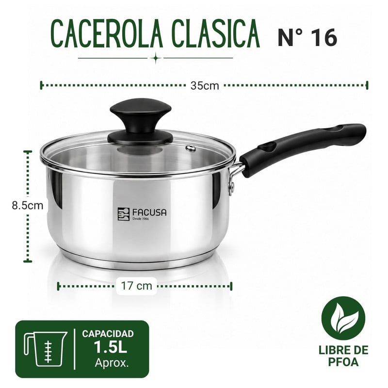 CACEROLA FACUSA N.° 16 DE ACERO INOXIDABLE CON TAPA - 2
