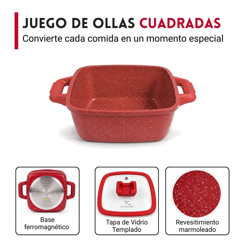 JUEGO DE OLLAS ANTIADHERENTE N° 16, 20 Y 22CM KITCHENHOFF C-1213 ROJO - 3