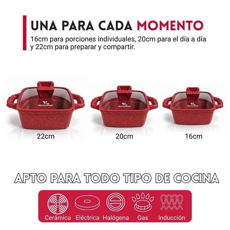 JUEGO DE OLLAS ANTIADHERENTE N° 16, 20 Y 22CM KITCHENHOFF C-1213 ROJO - 4