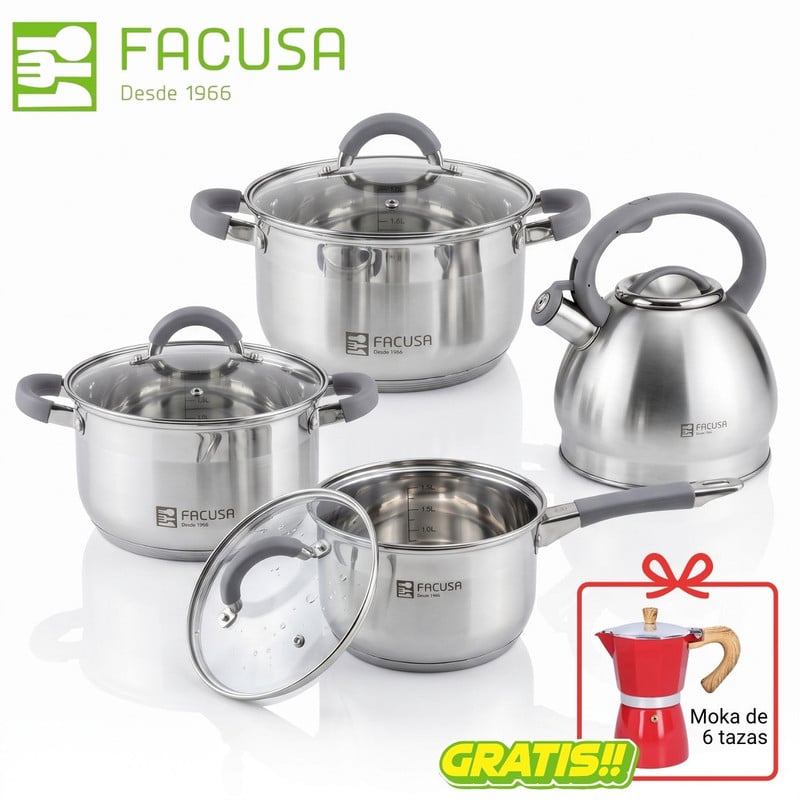 JUEGO DE OLLAS MISTI FACUSA 8 PIEZAS CON TETERA - GRIS + CAFETERA MOKA - 1