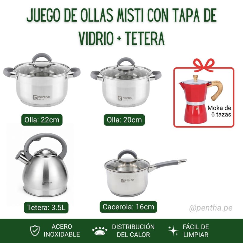JUEGO DE OLLAS MISTI FACUSA 8 PIEZAS CON TETERA - GRIS + CAFETERA MOKA - 2