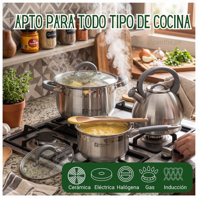 JUEGO DE OLLAS MISTI FACUSA 8 PIEZAS CON TETERA - GRIS + CAFETERA MOKA - 3