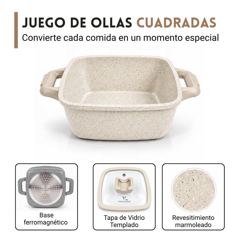 JUEGO DE OLLAS ANTIADHERENTE N° 16, 20 Y 22CM KITCHENHOFF C-1213 CREMA - 3