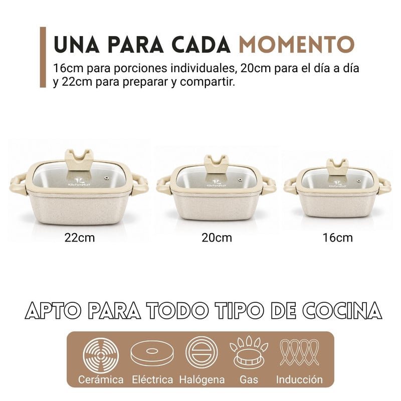 JUEGO DE OLLAS ANTIADHERENTE N° 16, 20 Y 22CM KITCHENHOFF C-1213 CREMA - 4