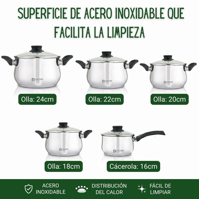 JUEGO DE OLLAS FACUSA VALENCIA 10 PIEZAS DE ACERO INOX - 2