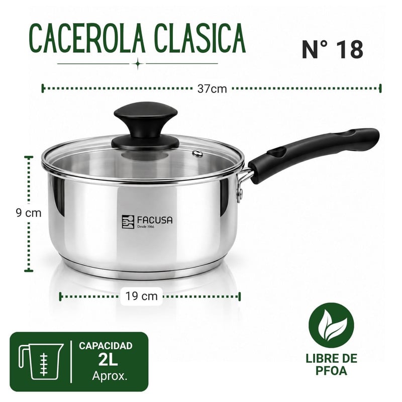 CACEROLA FACUSA 18 CM DE ACERO INOXIDABLE CON TAPA - 2