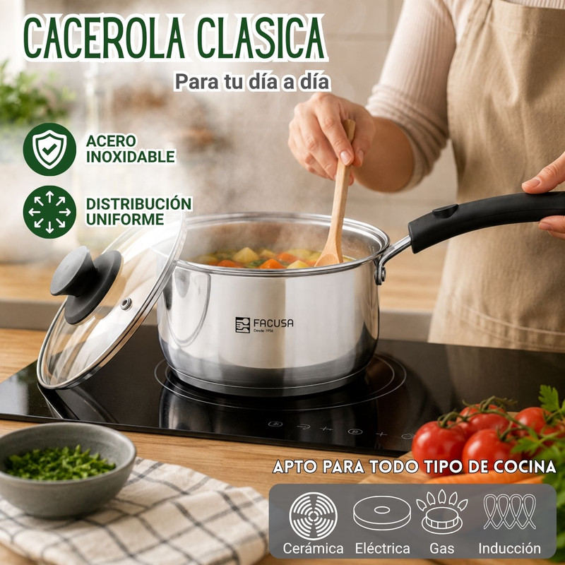 CACEROLA FACUSA 18 CM DE ACERO INOXIDABLE CON TAPA - 4