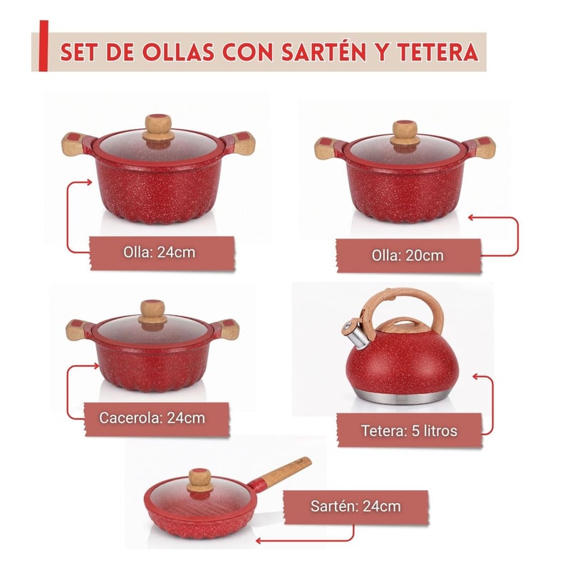 JUEGO DE OLLAS DE ROCA VOLCÁNICA + SARTÉN Y TETERA DE 5L ROJO - 2