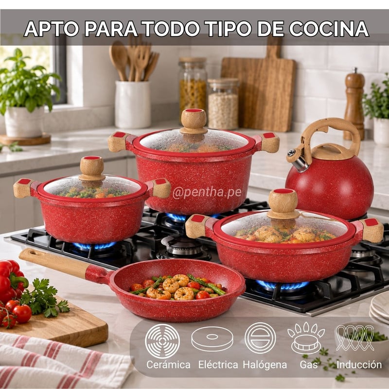 JUEGO DE OLLAS DE ROCA VOLCÁNICA + SARTÉN Y TETERA DE 5L ROJO - 3