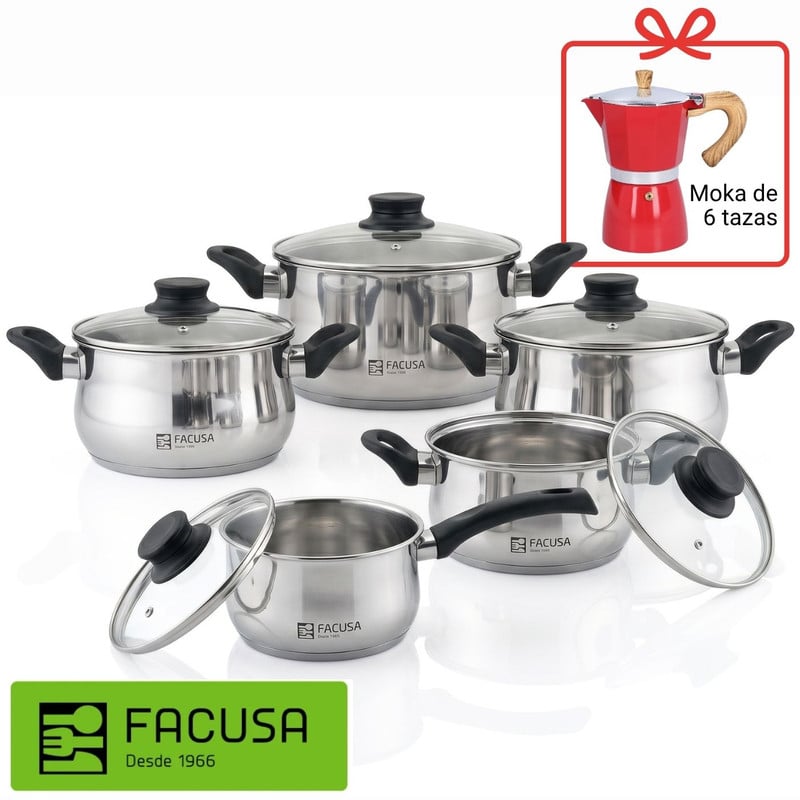 JUEGO DE OLLAS VALENCIA FACUSA 10 PIEZAS + CAFETERA MOKA - 1