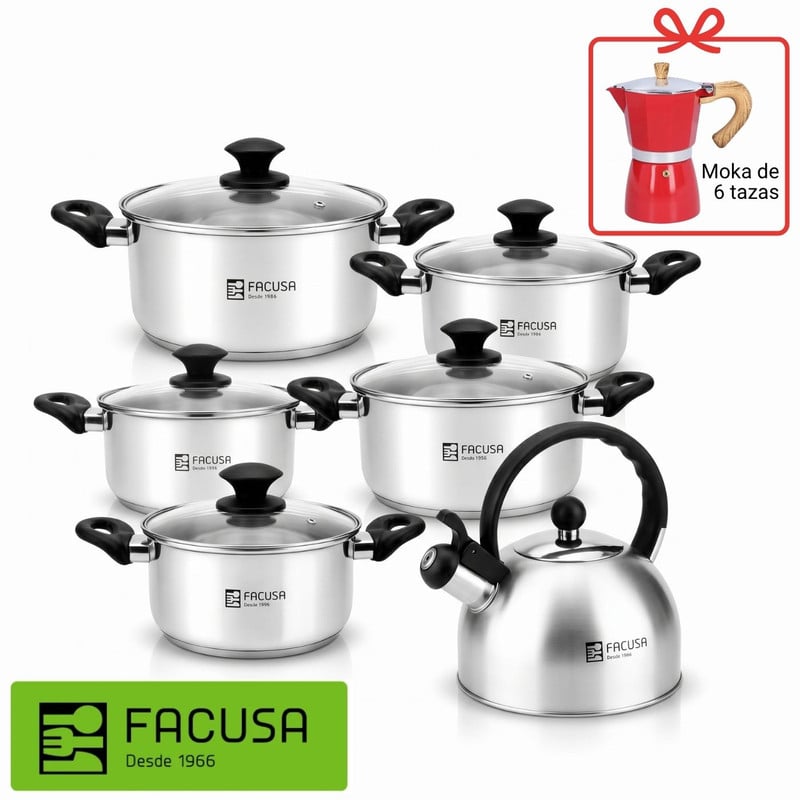 JUEGO DE OLLAS CLÁSICO 12 PIEZAS + TETERA FACUSA Y CAFETERA MOKA - 1