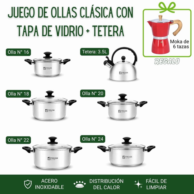 JUEGO DE OLLAS CLÁSICO 12 PIEZAS + TETERA FACUSA Y CAFETERA MOKA - 2