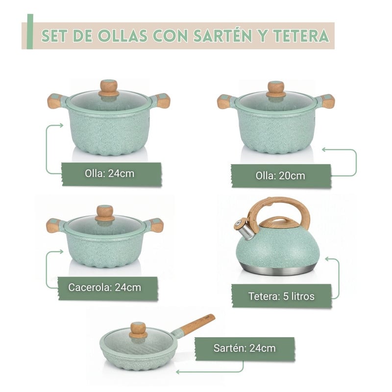 JUEGO DE OLLAS DE ROCA VOLCÁNICA + SARTÉN Y TETERA DE 5L VERDE - 2