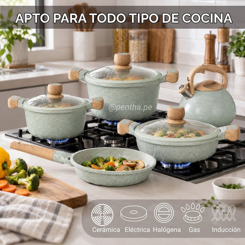 JUEGO DE OLLAS DE ROCA VOLCÁNICA + SARTÉN Y TETERA DE 5L VERDE - 3