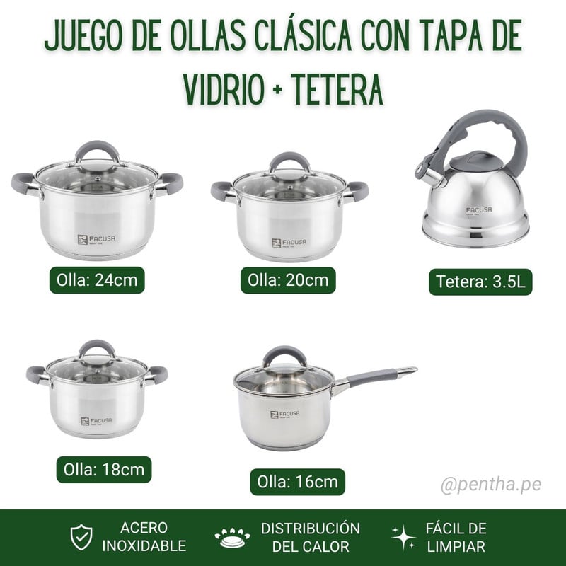 JUEGO DE OLLAS MINERVA 10 PIEZAS CON TETERA FACUSA - 2