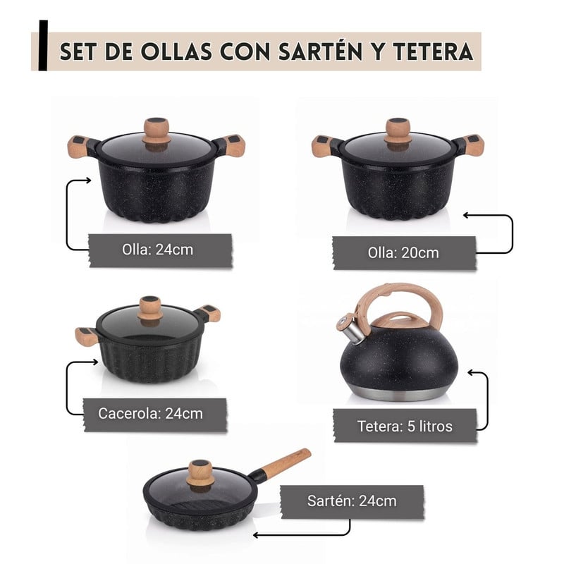 JUEGO DE OLLAS DE ROCA VOLCÁNICA + SARTÉN Y TETERA DE 5L NEGRO - 2