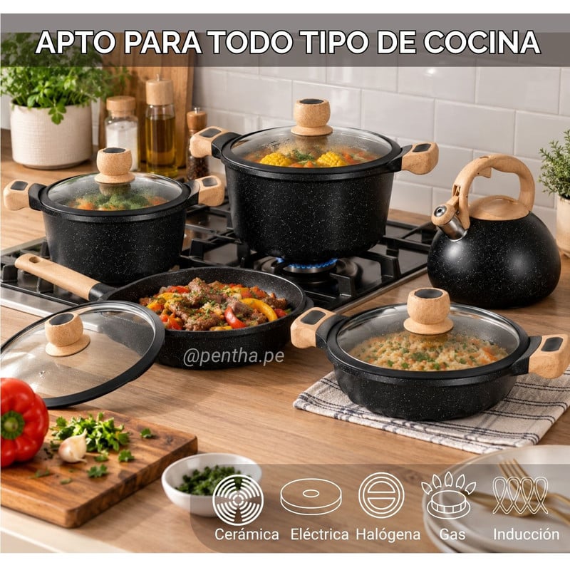 JUEGO DE OLLAS DE ROCA VOLCÁNICA + SARTÉN Y TETERA DE 5L NEGRO - 3