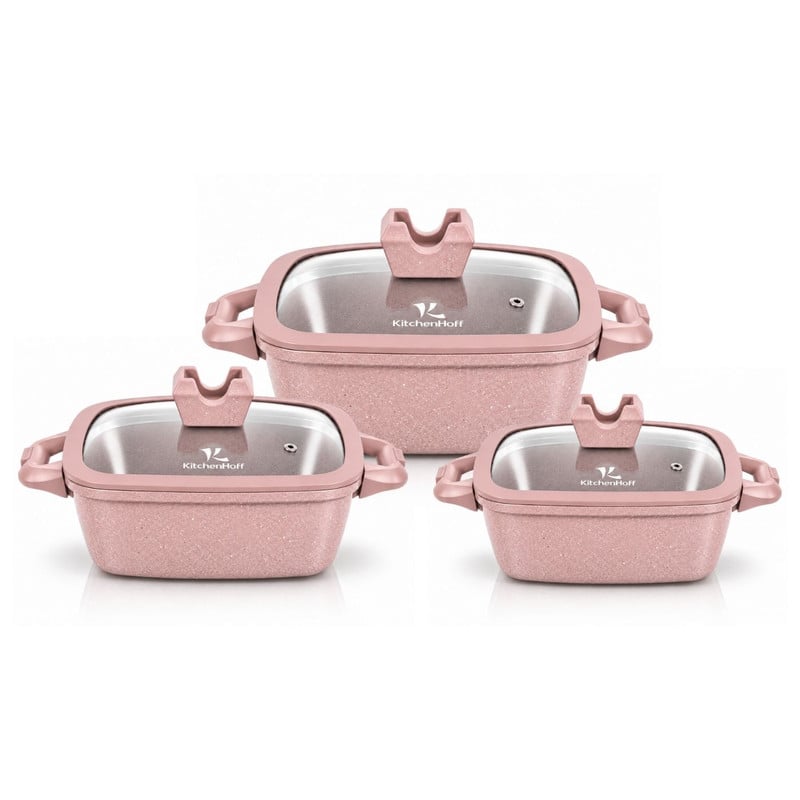 JUEGO DE OLLAS ANTIADHERENTE N° 16, 20 Y 22CM KITCHENHOFF C-1213 ROSA - 1