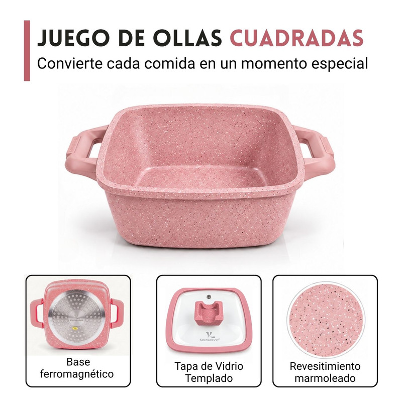 JUEGO DE OLLAS ANTIADHERENTE N° 16, 20 Y 22CM KITCHENHOFF C-1213 ROSA - 3