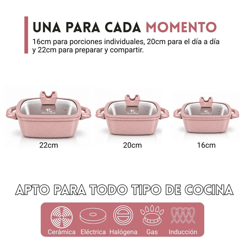 JUEGO DE OLLAS ANTIADHERENTE N° 16, 20 Y 22CM KITCHENHOFF C-1213 ROSA - 4