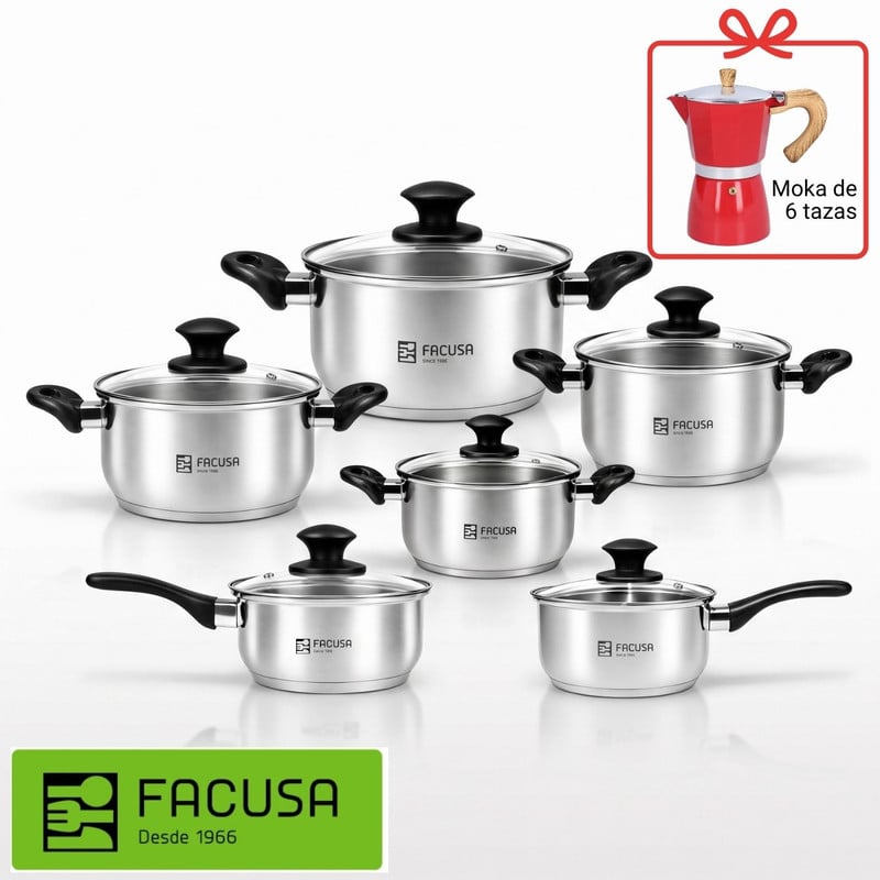 JUEGO DE OLLAS FACUSA 12PZS ACERO INOXIDABLE + CAFETERA MOKA - 1