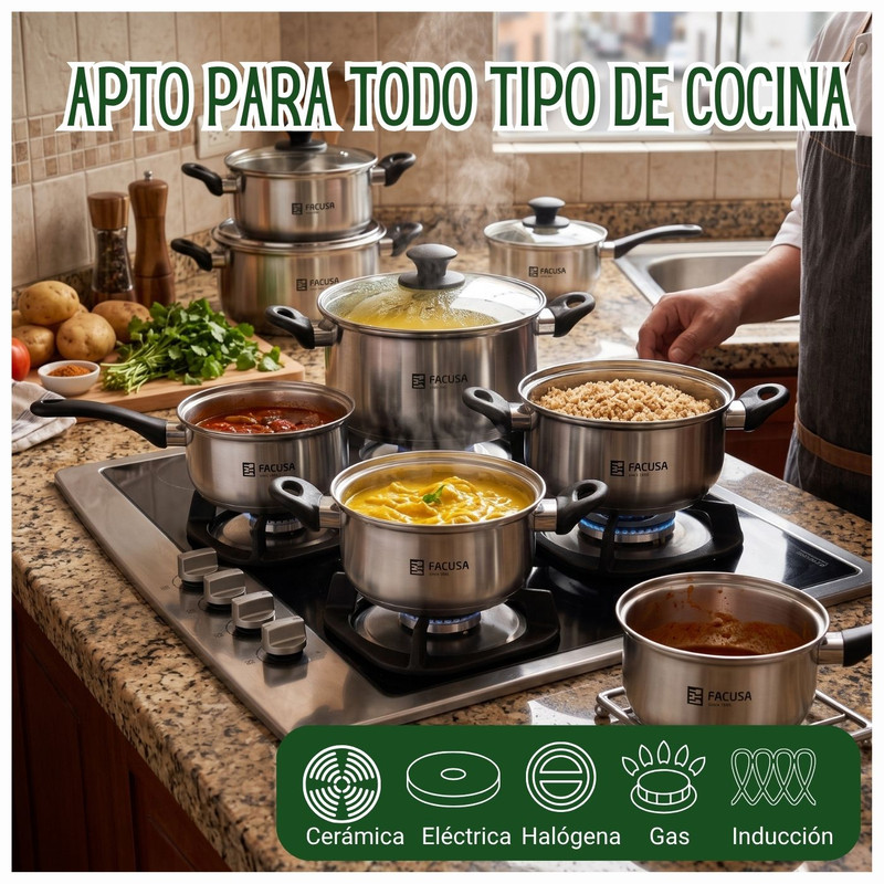 JUEGO DE OLLAS FACUSA 12PZS ACERO INOXIDABLE + CAFETERA MOKA - 3