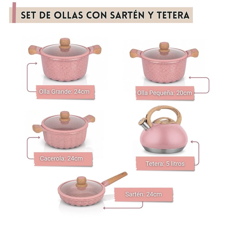 JUEGO DE OLLAS DE ROCA VOLCÁNICA + SARTÉN Y TETERA DE 5L ROSA - 2