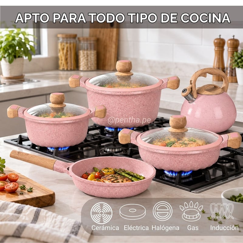 JUEGO DE OLLAS DE ROCA VOLCÁNICA + SARTÉN Y TETERA DE 5L ROSA - 3