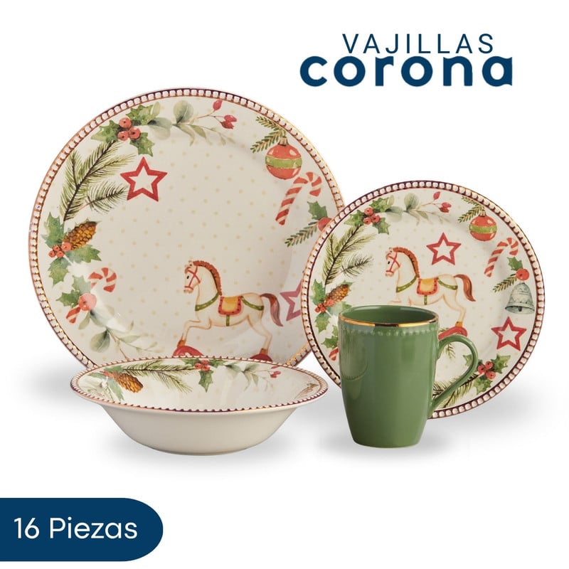 VAJILLA CORONA DULCE NAVIDAD 16 PIEZAS PARA CELEBRAR - 1