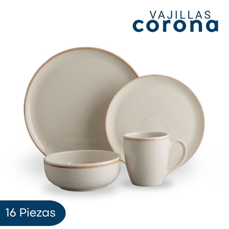 VAJILLA CORONA 16 PIEZAS CAOBA BEIGE PARA VESTIR TU MESA - 1