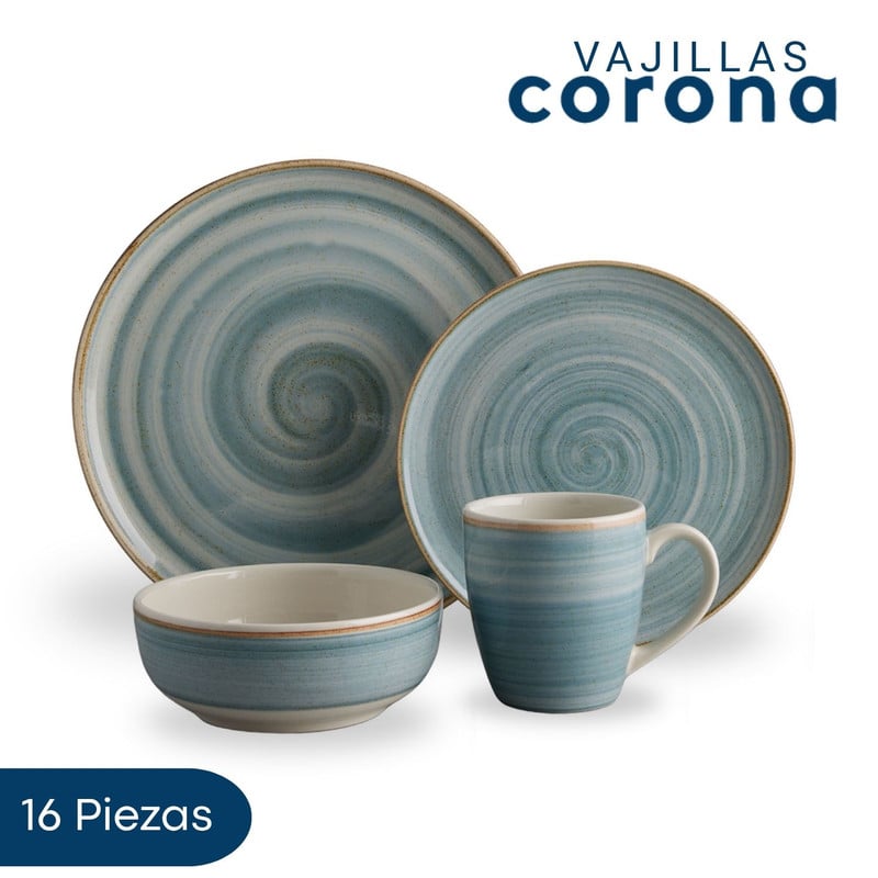 VAJILLA CORONA CAOBA AZUL 16 PIEZAS PARA 4 PERSONAS - 1