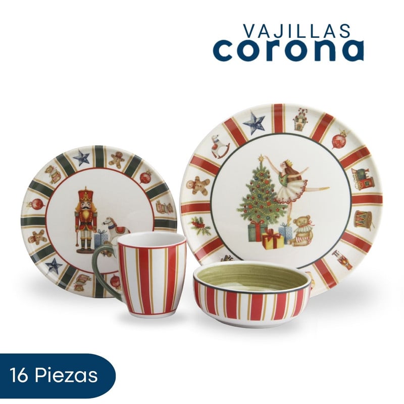 VAJILLA CORONA TOYS HOLIDAYS 16 PIEZAS PARA NAVIDAD - 1