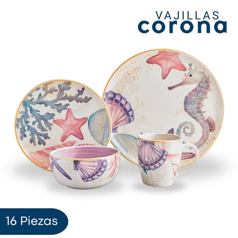 VAJILLA 16 PIEZAS CORONA MAREA OCEANO PARA TU MESA - 1