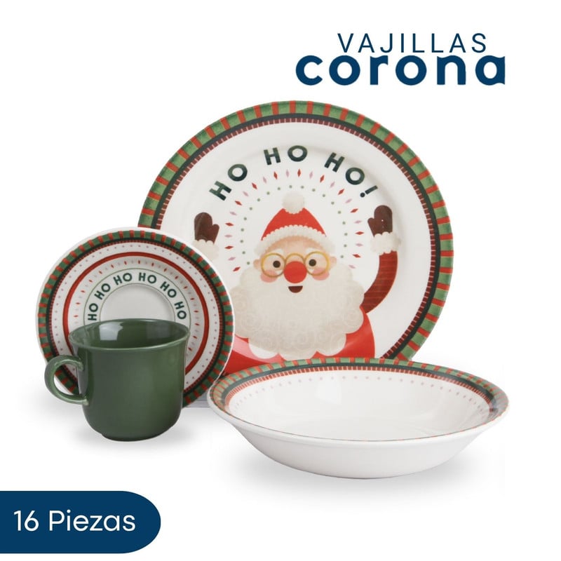 VAJILLA CORONA HO HO HO 16 PIEZAS PARA NAVIDAD - 1