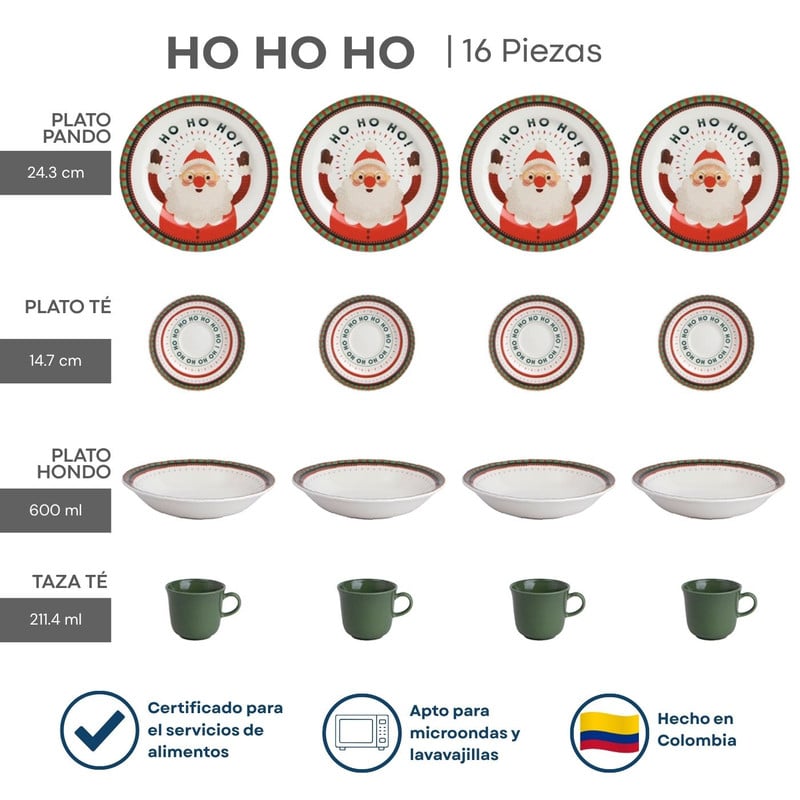 VAJILLA CORONA HO HO HO 16 PIEZAS PARA NAVIDAD - 2
