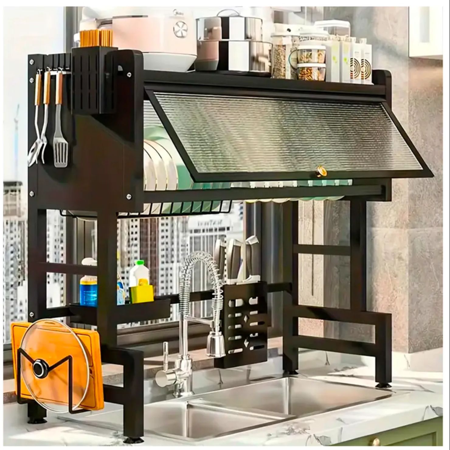 ESCURRIDOR DE COCINA DOS NIVELES 85 CM NEGRO CON TAPA - 5