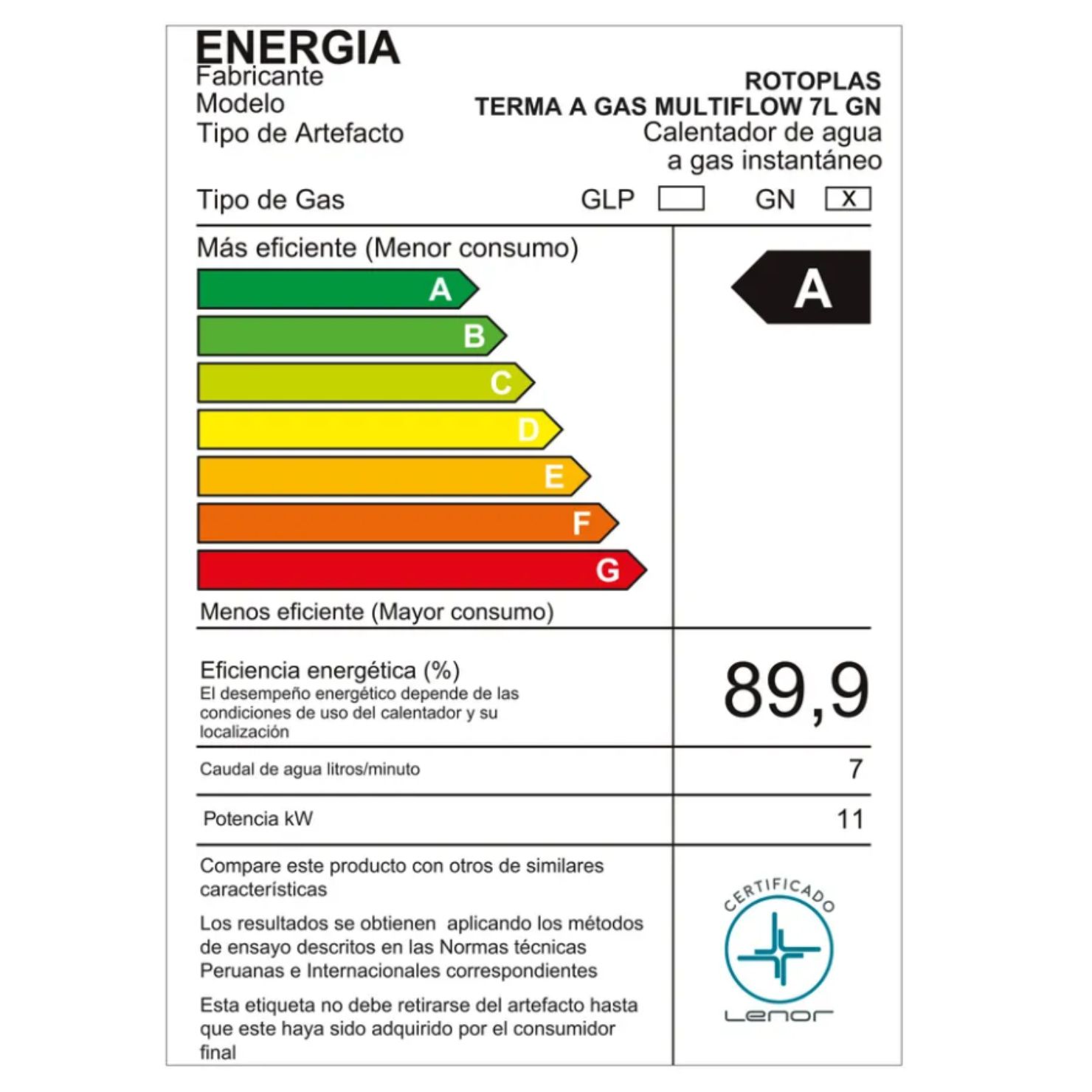 TERMA GAS ROTOPLAS MULTIFLOW 7 LITROS GN USO DOMESTICO - 7