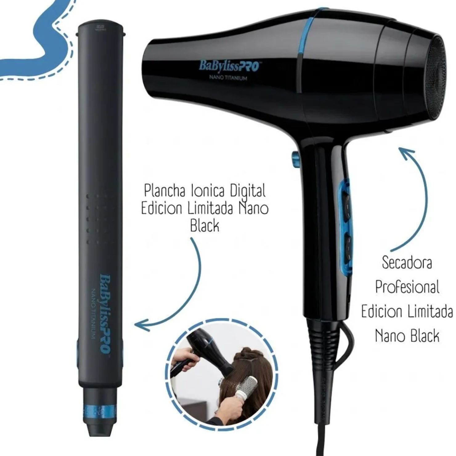 COMBO BABYLISSPRO BLUE BLACK CON PLANCHA Y SECADOR NANO BLUE - 4