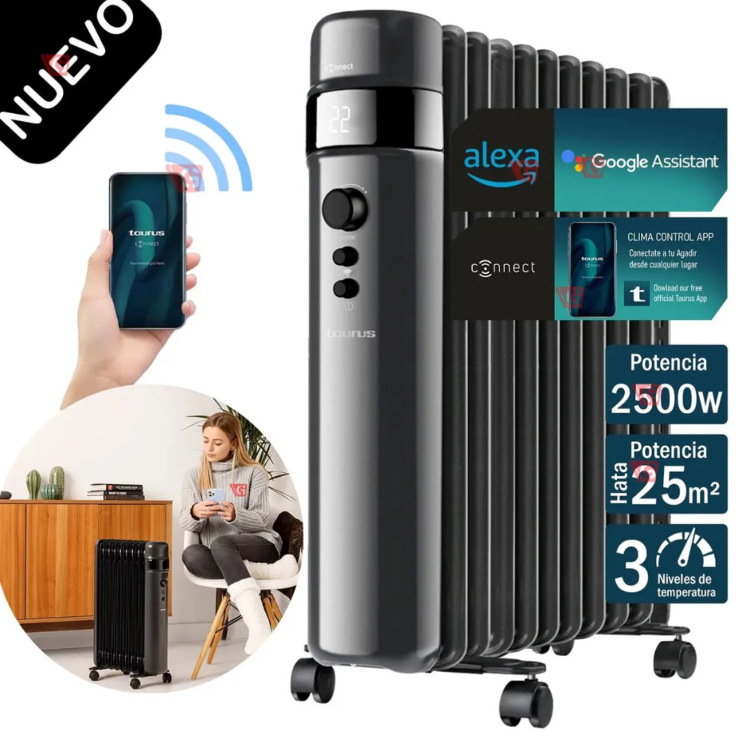 RADIADOR DE ACEITE TAURUS AGADIR 2500W CONNECT CON WIFI Y TEMPORIZADOR - 4