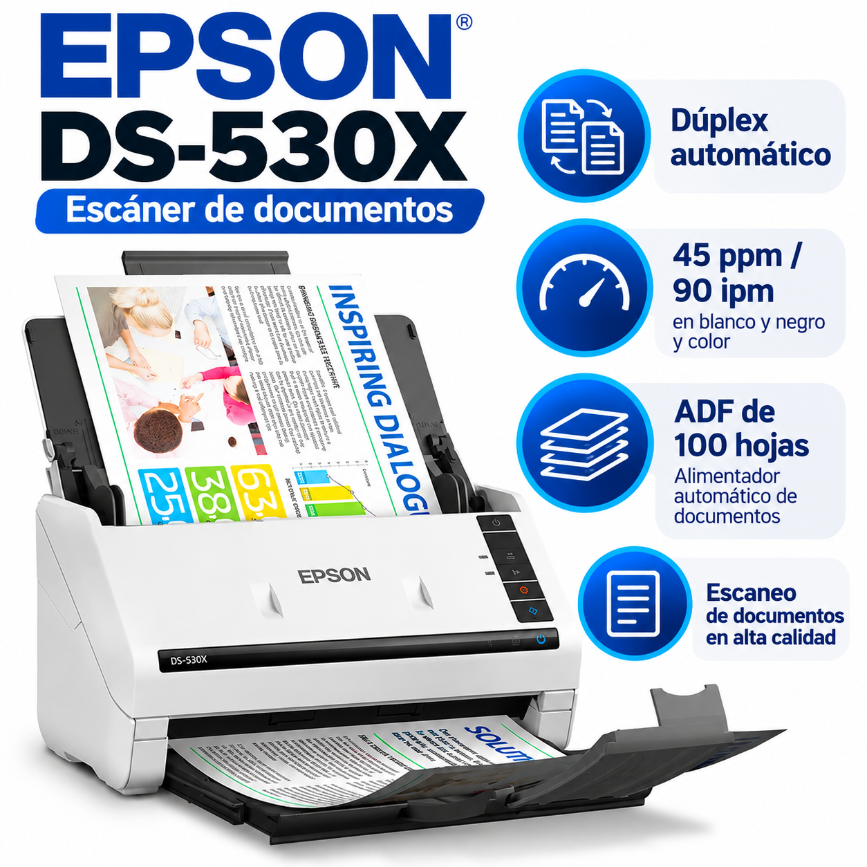 ESCANER EPSON DS-530X DÚPLEX 45PPM/90IPM ADF 100 HOJAS 600DPI - 1
