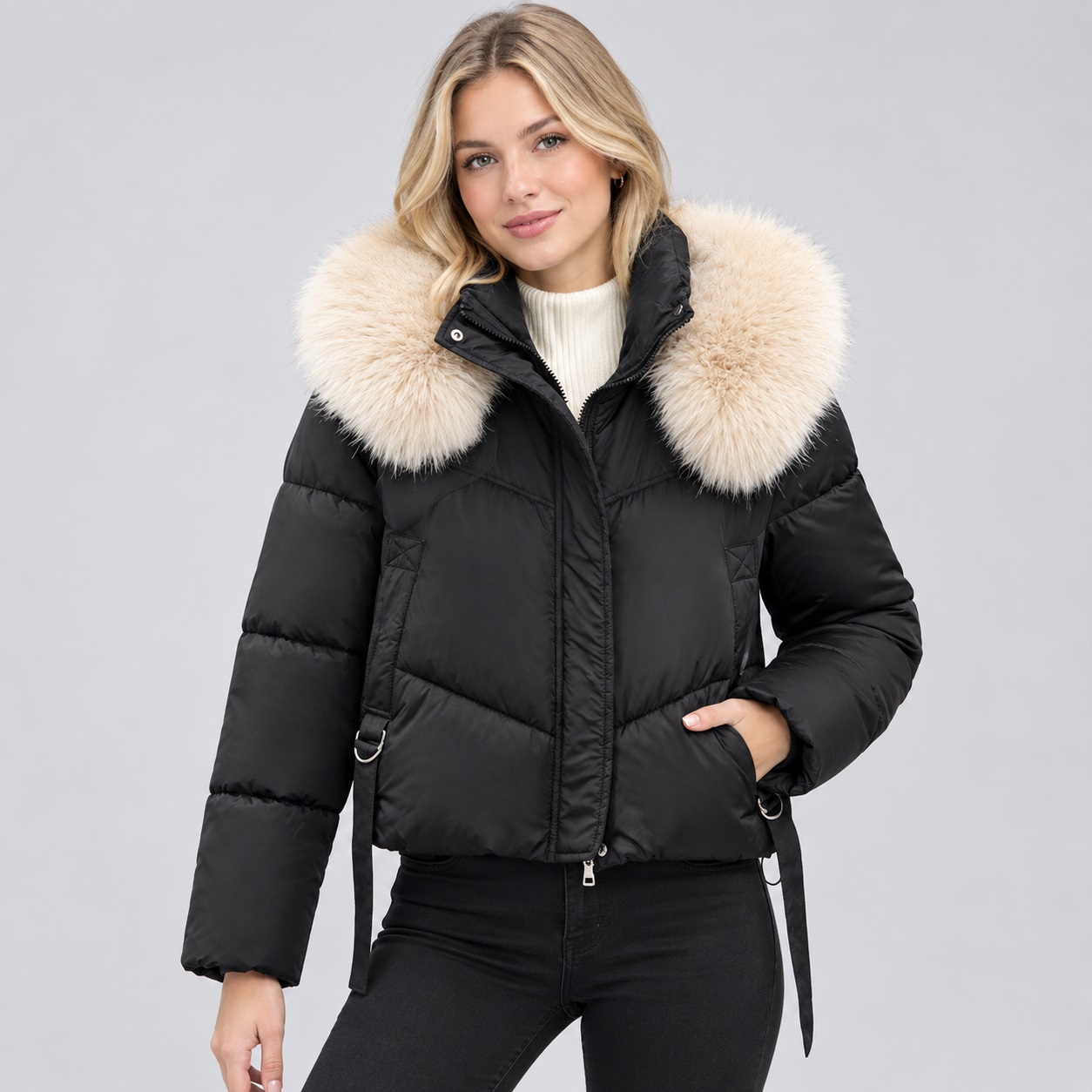 CASACA PUFFER GLAMOUR INVERNAL CON CUELLO DE PIEL REMOVIBLE - 1